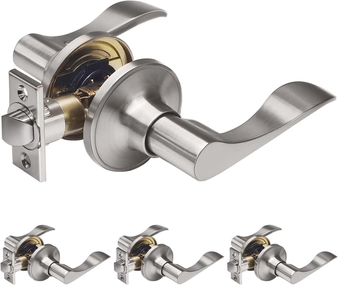 (4 Pack) CML Hardware Passage Door Lever in Satin Nickel, Non Locking Interior Door Handle for Hallway for Closet, Classic Wave Style, Reversible for Right & Left Handed, Removable Latch Plate