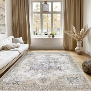 Area Rugs for Living Room 0.24inch Low Pile Faux Wool Bedroom Rug TPR Anti-Slip Backing Carpet Vintage Soft Rugs for Dining Room dcor Machine Washable (Light Tan, 9 * 12)