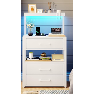 Algglobuy Night Stand with Charging Station, LED Nightstand with USB Ports and Outlets, Nightstand with Drawers, Bedside Tables for Bedroom, White