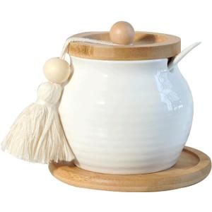 Sugar Bowl with Lid and Spoon,White Ceramic Sugar Container With Bamboo Lid and Tray,Dia 3.4'' H 4''|12oz