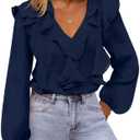MEROKEETY Womens Spring Summer Long Sleeve Ruffle Blouse 2026 Dressy Casual Top V Neck Trendy Work Business Work Shirts, Navy, Medium (Blue, M)