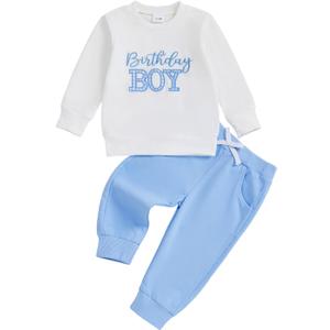 Toddler Baby Boy Birthday Outfit Letters Print Long Sleeve Crewneck Sweatshirt and Pants Cake Smash Outfit Clothes (12-18 Months, A-white Blue)
