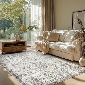 jinchan Area Rug 5x7 Washable Living Room Rug Vintage Indoor Floor Cover Retro Accent Mat Distressed Floral Country Boho Non Slip Thin Carpet for Bedroom Kitchen Dining Room Office Blue Multi (5' x 7' (Light Weight), Vintage Blue Multi)