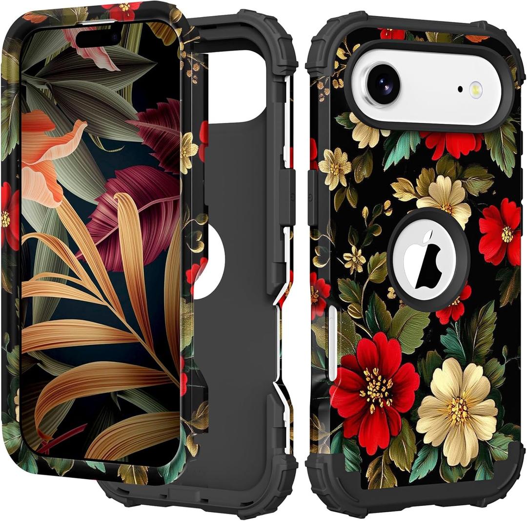 PIXIU Unique Flower Pattern Compatible with iPhone Air 6.5 inch case,Heavy Duty Dual Layer Shockproof Full-Body Protective Sturdy Hybrid Cute Rugged Case for Women,Girls,Kids-Black Peonies (A13)