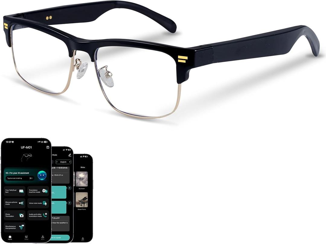 AI Glasses for Men Women, Powered by ChatGPT, AI Real-time Translation(164 Languages), Bluetooth Translator Glasses with Speaker,No Subscription,Smart Glasses with Anti-Blue Light for Work Travel-Gold