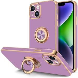 Hython for iPhone 14 Plus Case with Ring Stand [360 Rotatable Ring Holder Magnetic Kickstand] [Support Car Mount] Plated Gold Edge Soft TPU Luxury Shockproof Protective Phone Case Cover, Purple