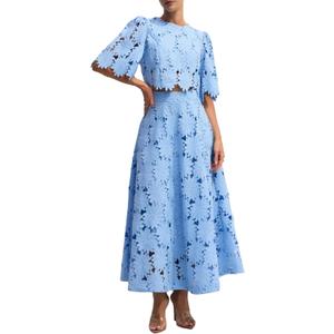 NIFTRIRY Two Piece Sets for Women Dressy Solid Color Embroidered Short Sleeve Crop Top and Maxi Skirt Suit Summer outfits (Large, Blue)
