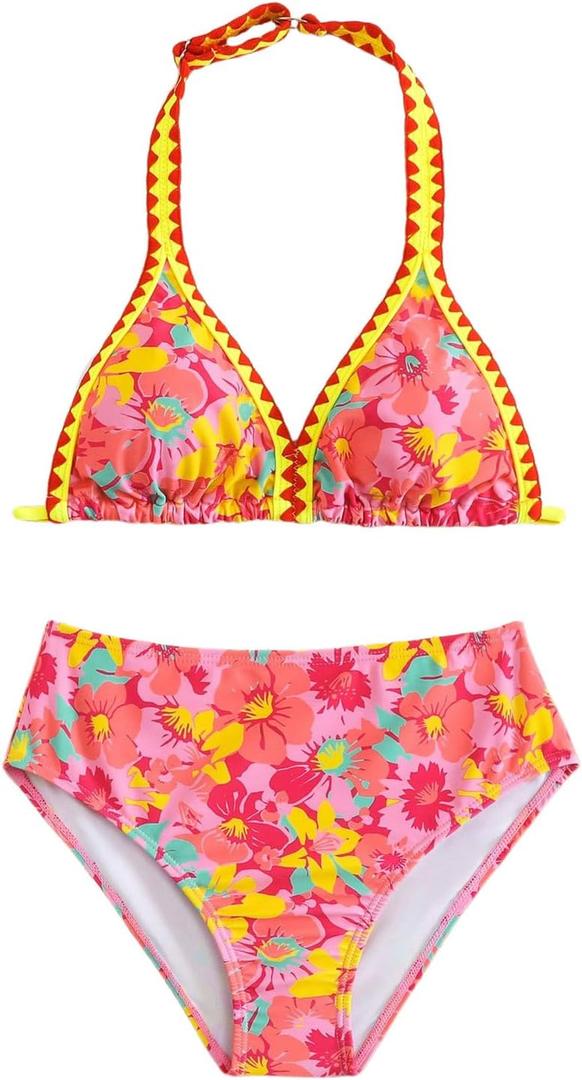 BEAUDRM Girl's 2 Piece Floral Print Swimsuits Halter Triangle Bikini Boho High Waisted Bathing Suit Pink 11Y