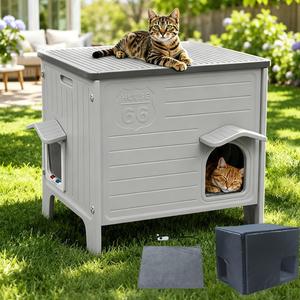 Rockever Cat House with Escape Door, Easy Clean Elevated Waterproof Shelter | Outdoor indoor breathable comfortable cat home, all-season refuge shelter for feral cats, with Heated Pad and Linner, Grey M