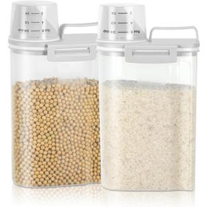 TBMax Rice Storage Container 2 Pack, Plastic Kitchen Pantry Food Storage Container with Cup, Small Pet Dog Cat Food Container Dispenser