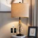 OYEARS Bedside Table Lamp with USB, 23 Black Modern Nightstand Lamps for Bedroom, Retro Rattan Table Lamps for Night Stands, Living Room, Farmhouse Table Lamp with Glass Nightlight Lamps