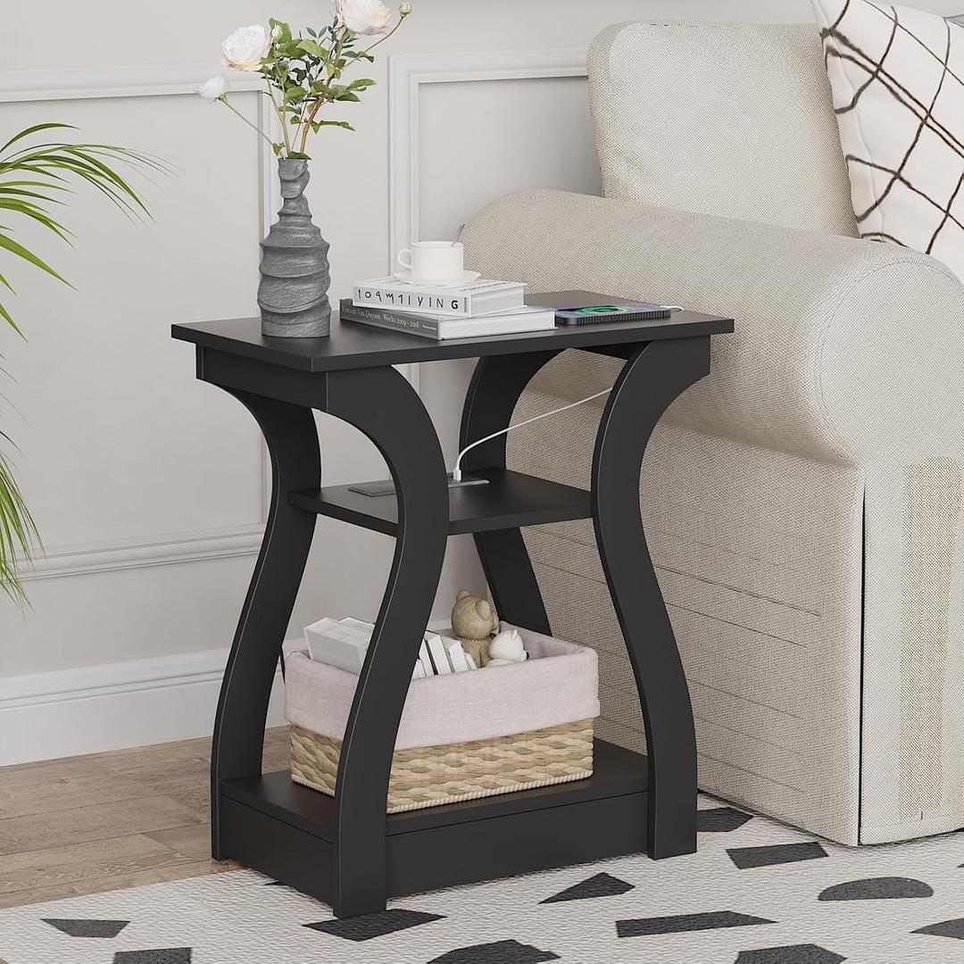 End Table with Charging Station, Side Table with USB Ports and Outlets, Nightstand, 3 Tier End Table with Storage Shelf for Living Room, Bedroom (Black) (1)