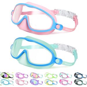 Vvinca 2 Pcs Kids-Swim-Goggles with Nose Cover, Swimming Diving Mask Wide View Anti Fog UV Anti Shattered Lens for Kids 3-5 (02-Pink Blue & Blue Green)