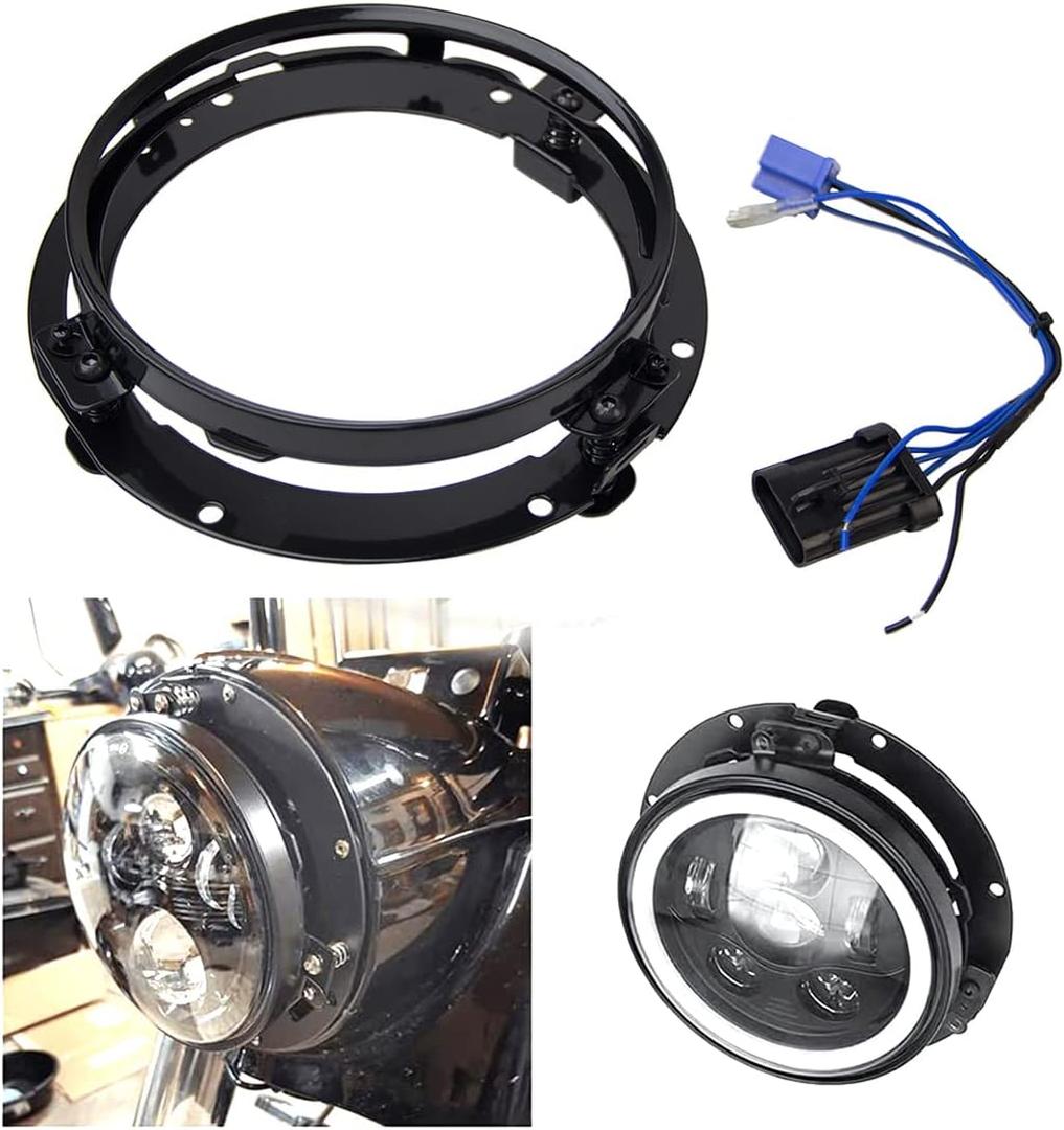 7" 7 Inch headlight Ring Mounting Bracket with Wire Harness Adapter for Motorcycle Street Glide Road King Electra Glide Headlight bracket(Black)