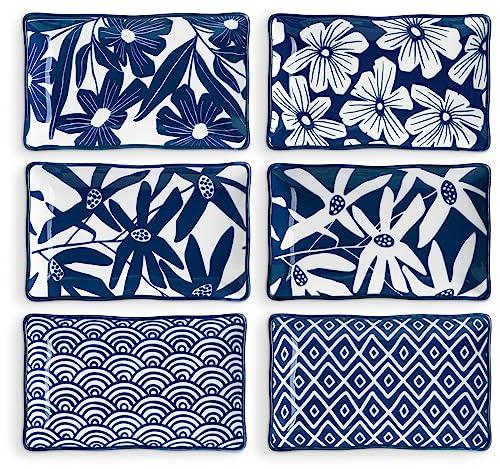 ONEMORE Rectangular Serving Plates Set of 6-7.5 inch Ceramic Blue and White Appetizer Plates - Microwave, Oven & Dishwasher Safe, Classic Style, Sturdy, Scratch Resistant - Vintage Blue