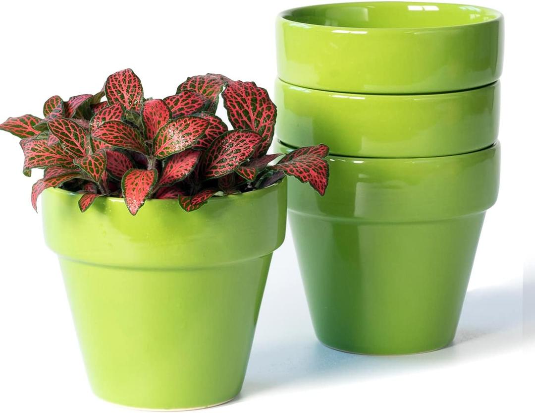 YBX 4-Inch Ceramic Plant Pots Outdoor Garden Planter Round Flower Pot with Drainage Hole Green (Pack 4)