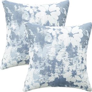 Jacquard Throw Pillow Covers 18x18 Inch Set of 2 - Vintage Floral Boho Pillow Cases with Botanical Pattern | Farmhouse Decor for Couch Living Room | Soft Textured Neutral Trio Dusty Blue 18" x 18"