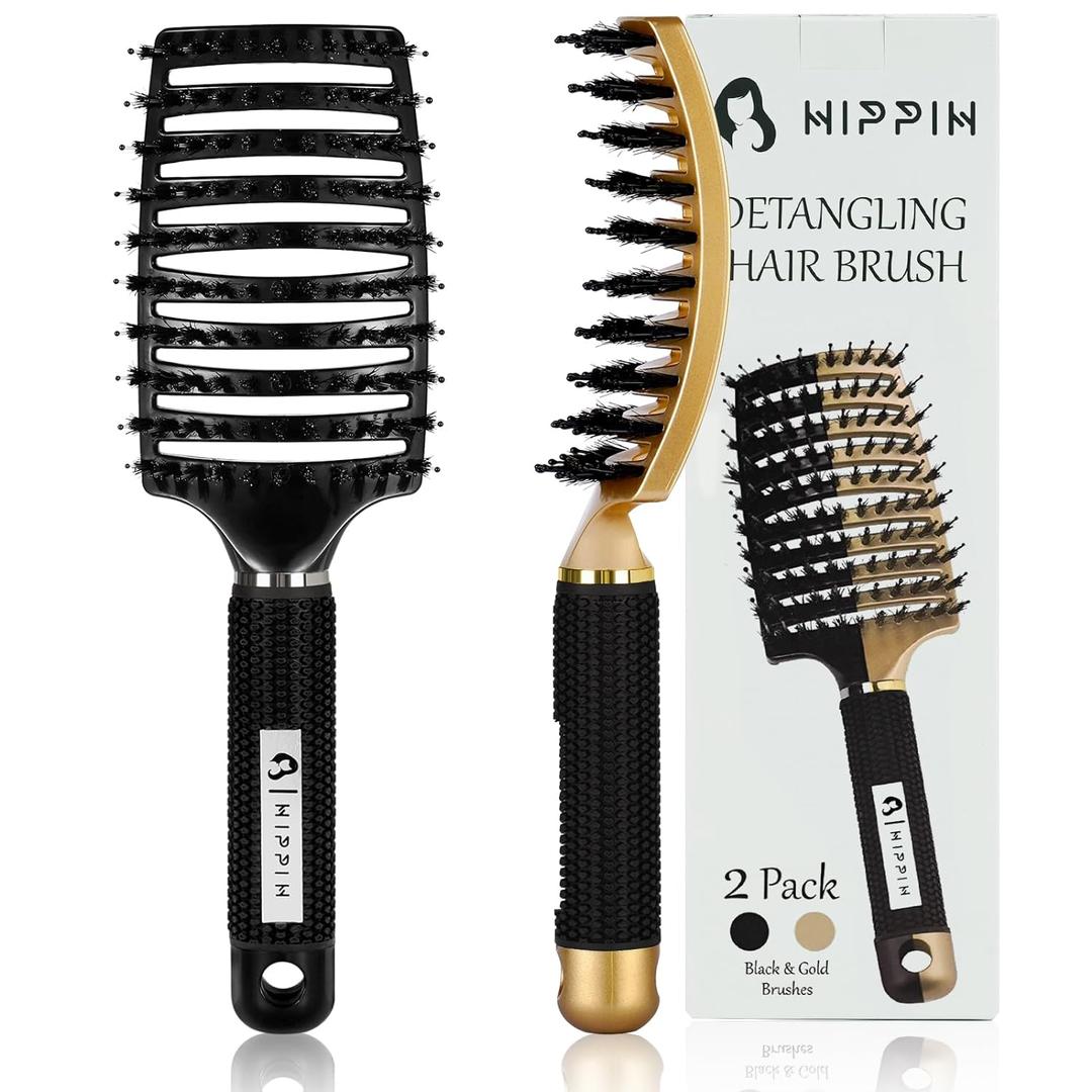 Boar Bristle Hair Brush 2 Pack, HIPPIH Wet & Dry No Pull Curved Vented Hair Brush, Styling Magical Detangler Brush for Kids & Men, Hairbrush for Women Can Adds Shine & Smooth Curly Thick Hair (Black & Gold)