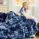 Cozy Bliss Deluxe Striped Rabbit Faux Fur Throw Blanket, Soft Fluffy Warm Plush Blanket for Winter, Modern Homr Decor, Tie-dye Blue 60"x80"