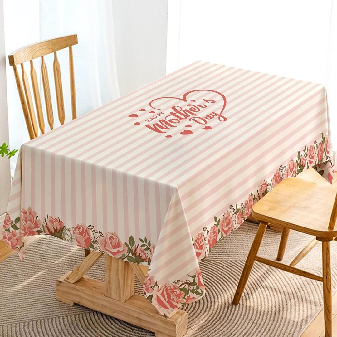 Hafangry Happy Mother's Day Tablecloth Pink Love Heart Floral I Love Mom Holiday Decoration Stripes Kitchen Dining Room Home Decor-60×84inch