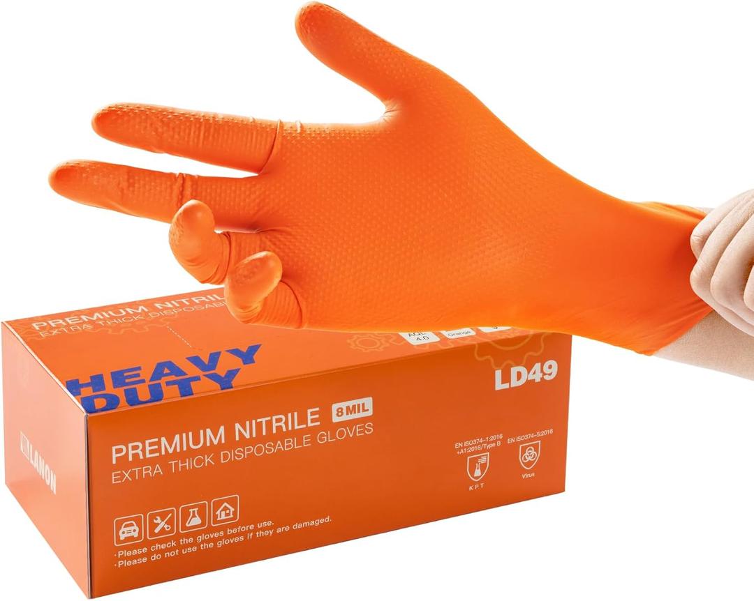 LANON 8mil Orange Disposable Nitrile Gloves, Mechanic, Heavy Duty, Food Safe, Latex Free, Powder Free, Fully-Diamond Textured, Medium (Medium (Pack of 100))