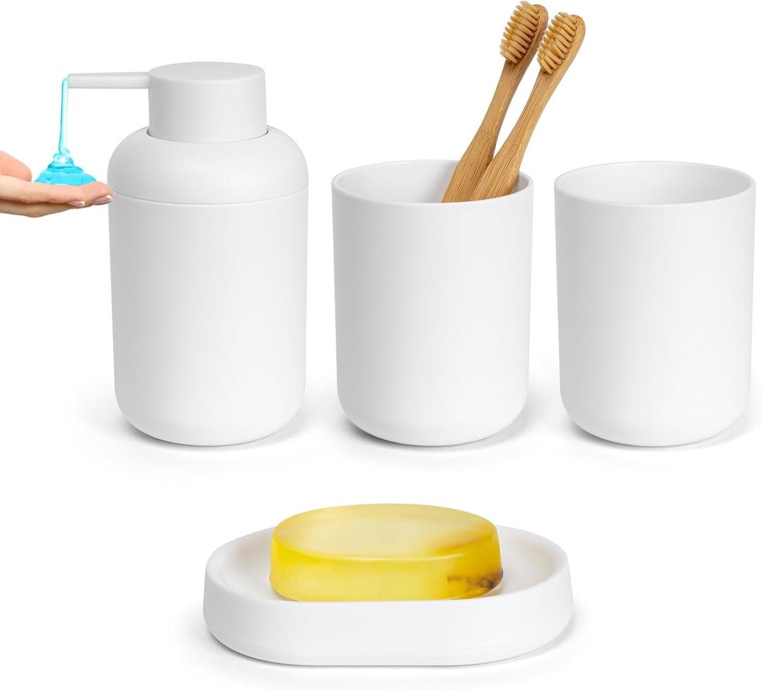 Bathroom Accessory Set 4 Pcs Bath Accessory Sets Complete Soap Dispenser 12 oz Tumbler Soap Dish for Modern Bathroom Decor(White)