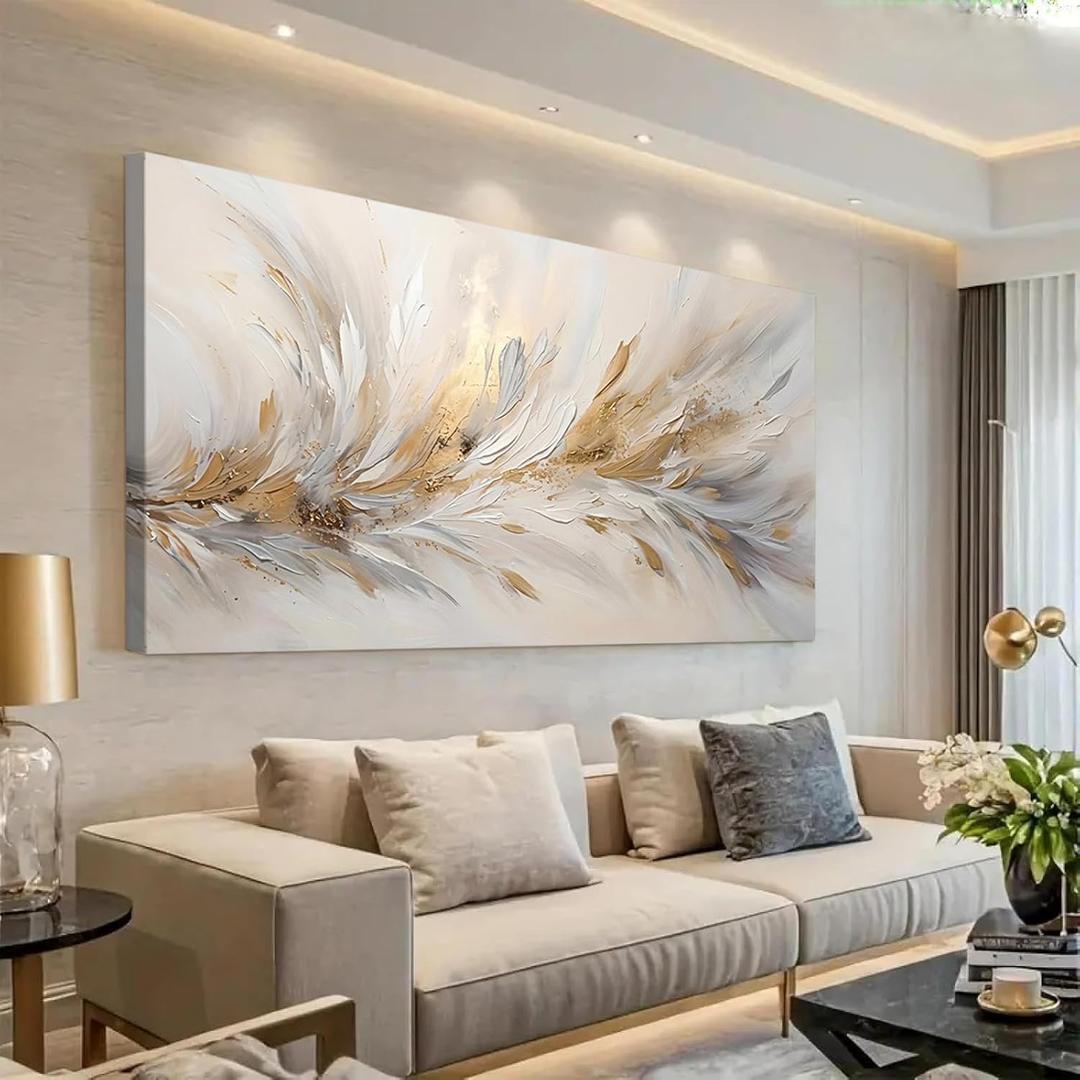 ONEOLTN 3D Golden Feather Wall Art Canvas Print, 20x40In | 3D Textures, Large Abstract Design, Modern Elegant Style, Luxury Minimalist Art
