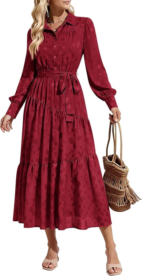 dowerme Women's Casual Dresses 2025 Fall Fashion Long Sleeve Button Up Floral Print Belted Tiered Boho Maxi Party Dress (Red, M)