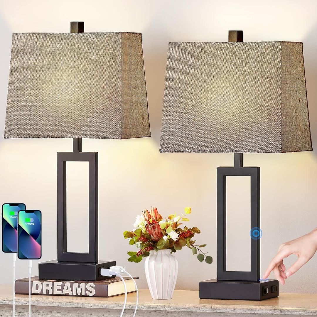 23.5" Touch Control Table Lamps Set of 2, Bedside Lamp with 2 USB Charging Ports & AC Outlet, 3-Way Dimmable Modern Nightstand Lamp for Living Room Bedroom End Table Office(2700K 2 LED Bulbs Included) (Gray)