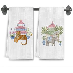 Chinoiserie Tiger Elephant Kitchen Towels, Traditional Oriental Dish Tea Towels for Kitchen Decor, Eastern Asian Pagoda Animal Decorative Hand Towel for Bathroom, 16x24 Inch Set of 2