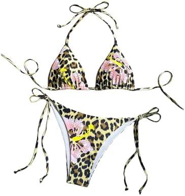 COZYEASE Women's 2 Piece Leopard Bikini Sets String Tie Side Bathing Suit Triangle Halter Sexy Swimsuits M