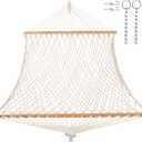 12ft Double Hammocks, Handwoven Traditional Cotton Rope Hammock with Hardwood Spreader Bar, Chains and Hooks for Indoor Outdoor, Max 450 lbs Capacity (Beige, Full)