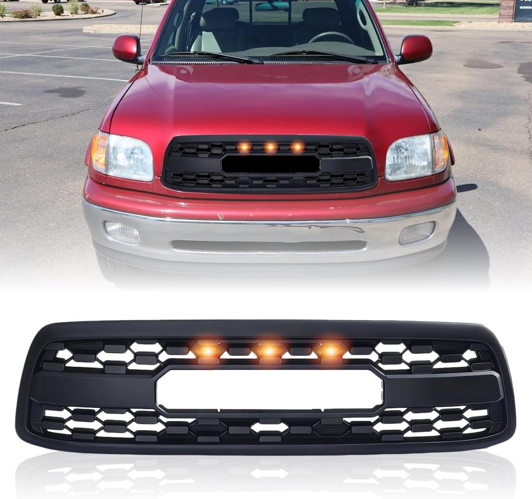 Front Grill Compatible with 2000 2001 2002 Tundra, Front TRD Style Grille Replacement with 3 Amber LED Lights Accessories, Matte Black