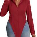 OPOIPIN Women's Collar V Neck Button Down Long Sleeve Slim Fit Slit Hem Shirt Blouse Top (S)
