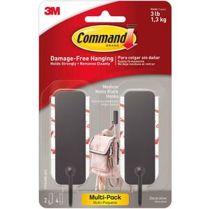Command Medium Matte Black Wall Hook, 2 Coat Hooks and 4 Strips, Damage-Free Hanging with Adhesive, No Tools Great for Hanging Home Decor, Holds up to 3 lb