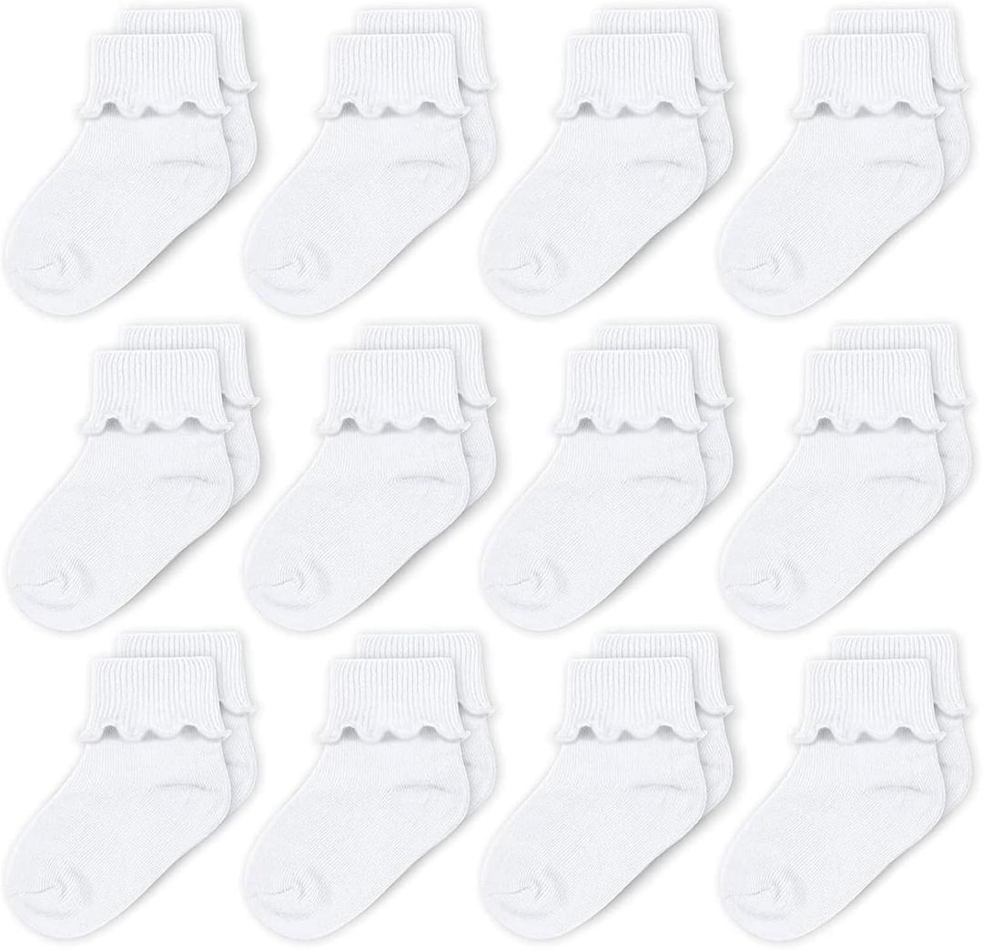 CozyWay Baby Ruffle Socks Baby Girl Turn Cuff Ankle Comfy Cotton Socks Infant - Multi Color - 12 Pack (3-5T, White)