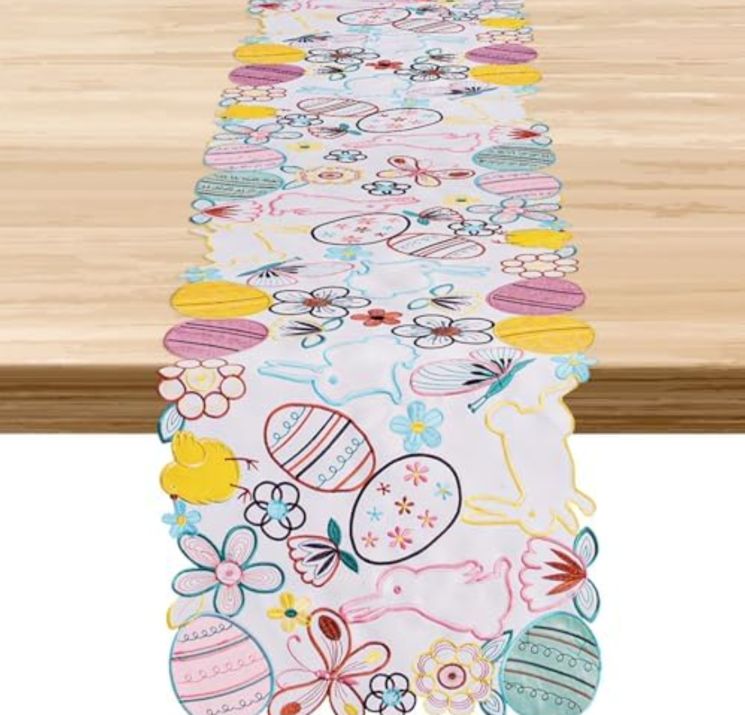 Pack of 2 Easter Decorations Indoor Table Runner - Egg Bunny Embroidered Decor Spring/ Holiday Party Supplies