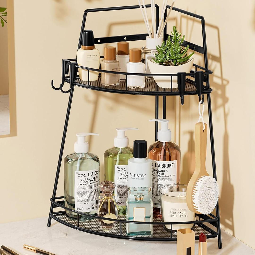 VITVITI Organizador esquinero de 2 niveles para encimera de bao, organizador de estante de metal para encimera, fregadero, organizador de maquillaje para tocador, perfume, cuidado de la piel con (Negro)