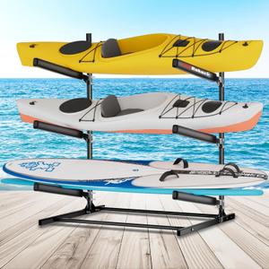 Kayak Storage Rack, Heavy Duty Freestanding Kayak Stand for 2/3 Kayaks, Adjustable Canoe and Paddleboard Holder for Indoor Outdoor Garage Storage, Assembly Required, 3-Tier