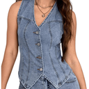 MakeMeChic Women's Denim Vest Tops Sleeveless Button Down V Neck Asymmetrical Hem Crop Jean Vest S