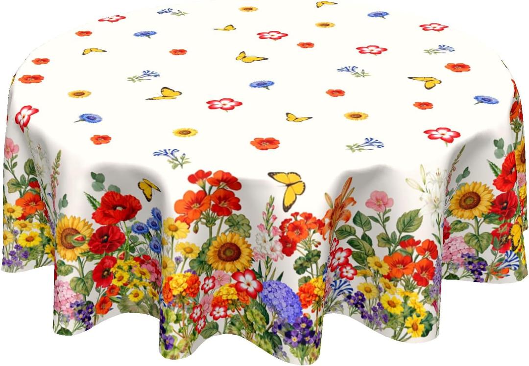 Spring Summer Tablecloth Round 60 Inch Watercolor Floral Table Cloth Circle Flower Seasonal Table Cover Tabletop for Home Decor Dining Room Kitchen Party Picnic