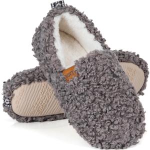 Women's Soft Curly Full Slippers - Memory Foam House Shoes Cozy Loafer with Polar Fleece Lining Indoor Lightweight House Slip-on (Gray)
