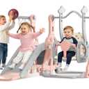 BIERUM 4-in-1 Toddler Slide Swing Set for Kids 1-3, Indoor/Outdoor | Kids Climber Playset with Swing for 1-3, HDPE Material, ASTM Certified Playground Supports 120 lbs, Basketball Hoop, Pink