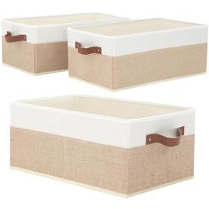 Closet Organizer Bins Pack of 3 , Large Storage Bins for Shelves, Foldable Closet Storage Boxes Baskets with Leather Handles for Organizing Clothes, Sheets, Jeans, Toys, Books（Beige