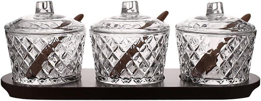 Glass Plaid Pattern Sugar Bowl Seasoning Jars with Lid Spoon and Tray 10oz Set of 3