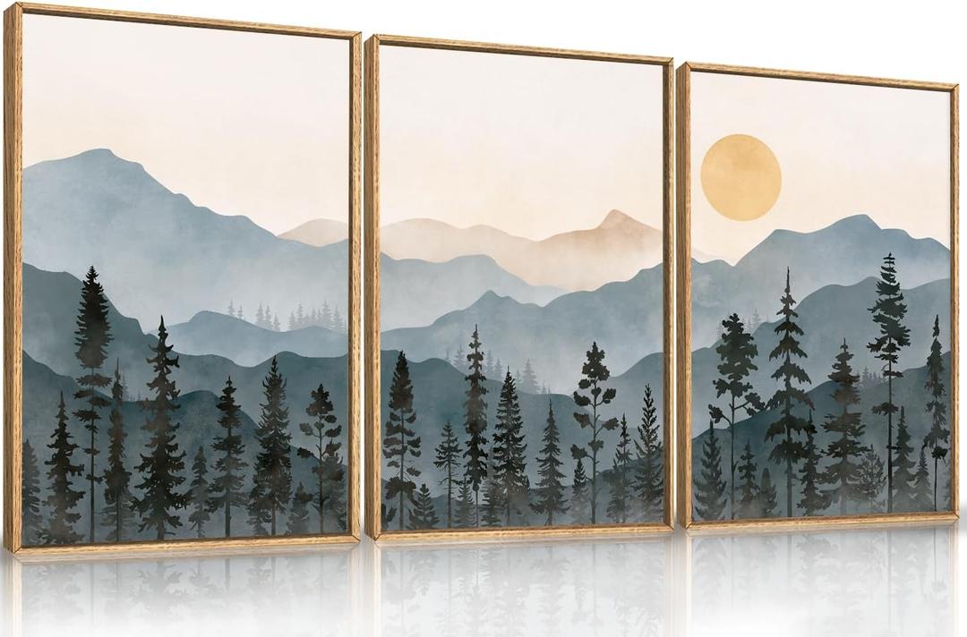 LHIUEM Boho Mountain Framed Canvas Wall Art Set, Forest Pine Tree Wall Decor, Sunrise Misty Wilderness Painting, Watercolor Nature Landscape Artwork for Living Room, Bedroom, Dining Room, Office -16"x24"x3
