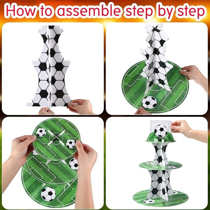 Cupcake Topper Soccer Ball - 3 Tier Football Stand, Soccer Field Decor for Teen Sports Birthday Party Supplies