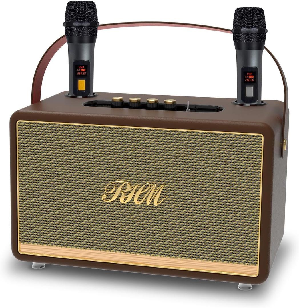 RHM K888 Karaoke Machine with Powerful & Clear Sounds, 2 Wireless Microphones & Echo/Treble/Bass Adjustment, 8 Hours Playtime, Support Bluetooth 5.0/AUX/USB for Home/Party/Camping/Outdoor