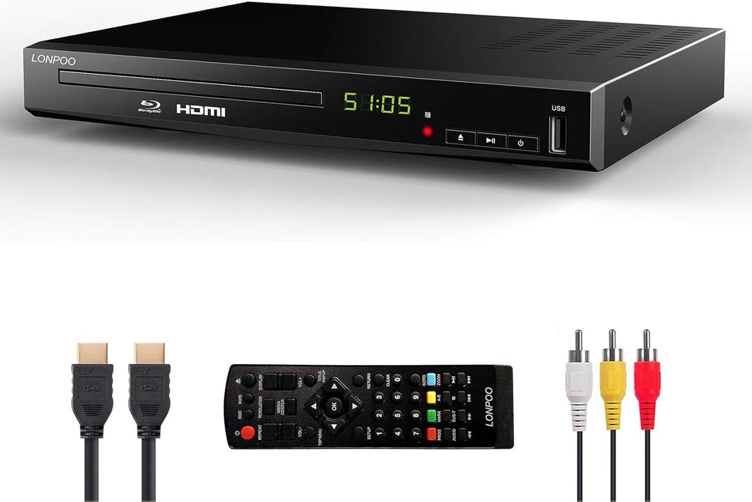 HD Blu-Ray Disc Player for TV with HDMI and AV Cables, 1080P, Built-in PAL NTSC, Coaxial Output, USB Input (Black)