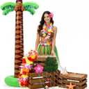 11 Pcs Hawaiian Party Decoration Set 70 Inch Giant Inflatable Palm Tree Wooden Boxes Decorative Fishing Net 70 Inch Hawaiian Leis Luau Decoration and Monstera Leaves for Hawaii Luau Party